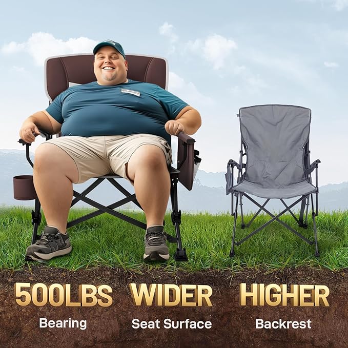 EVER ADVANCED Oversized Folding Camping Chair for Adults Heavy Duty Lawn Chair with Side Pockets Portable Collapsible Quad Chair for Outside Support Up to 500lbs Red