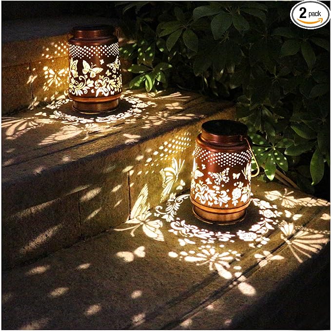 2 Pack Solar Butterfly Lanterns Outdoor Hanging Decor LanternWaterproof Hollow Out Retro Metal Decorative Garden LightGraceful Decoration for PatioYardLandscapeFestival