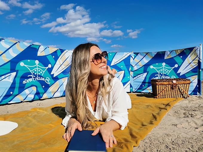 Premium 20 ft Beach Windscreen Privacy Screen Wind Blocker Free Rubber Mallet and Carry Bag Included (Surfs Up)