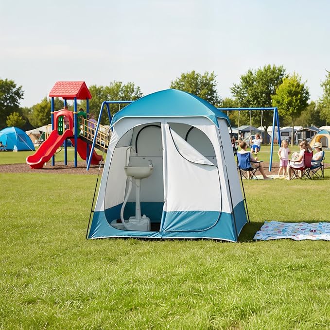2 Rooms Camping ShowerTent - Portable Privacy &amp Changing Room Tent for Camping Hiking Beach | Lightweight Durable 15 * 19 Oxford Cloth Tent with Large Zipper Door 90x90x48 (Blue/White)