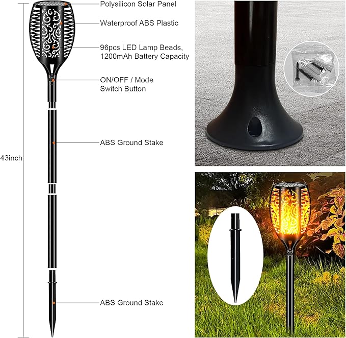 Upgraded Larger Solar Lights Outdoor Waterproof 96 LED 43 Outdoor Lights Solar Torch Light with Flickering Flame Led Lights for Garden Decor Patio Yard Pathway 4Pack