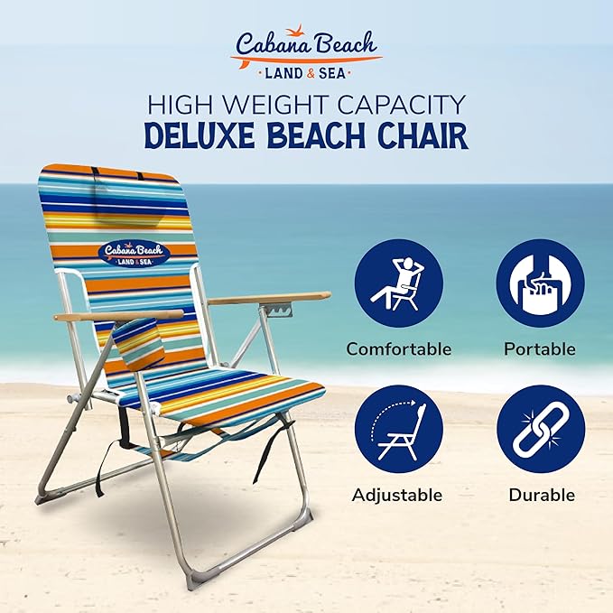 Cabana Beach Folding Beach Chair 4 Position Portable Backpack Foldable Camping Accessories with Headrest Cup Holder and Wooden Armrests Bold Candy Stripe