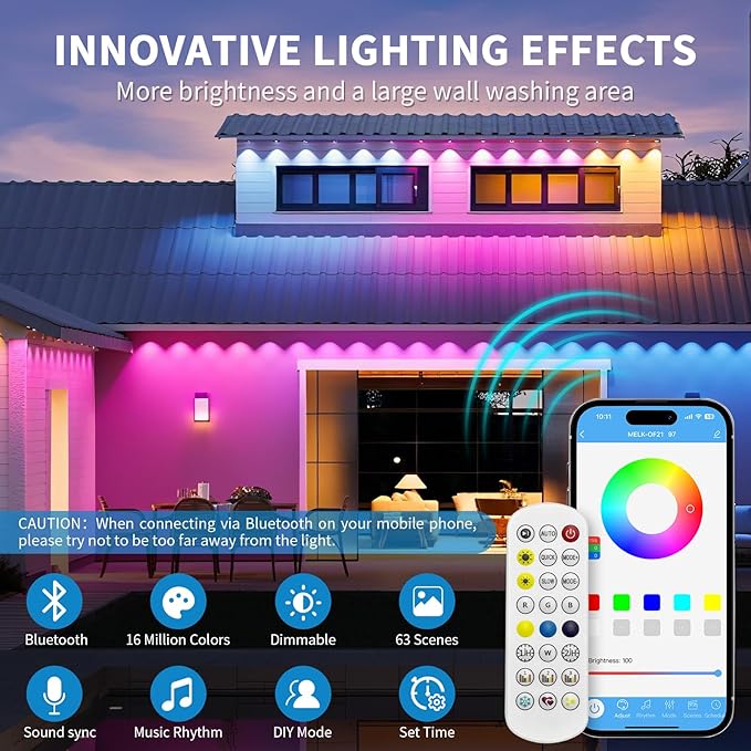 mw Permanent Outdoor Lights for House 50ft RGB+IC Smart Outdoor Decor 50 Scene Modes App/Remote Control IP68 Waterproof House Eave Lights for Halloween Christmas Party Decor