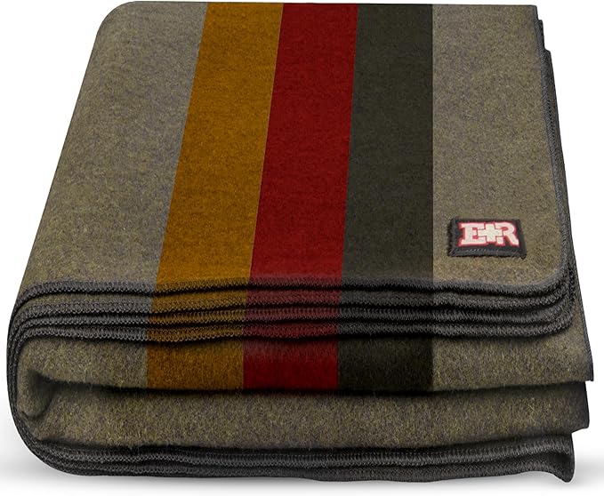 Ever Ready First Aid Military Wool Blanket - 95% Wool Washable Perfect for Outdoors Travel Car &amp Bushcraft Emergency Blanket 96 x 96 6.65 lbs. - Olive Drab Green with Stripes - Queen Size