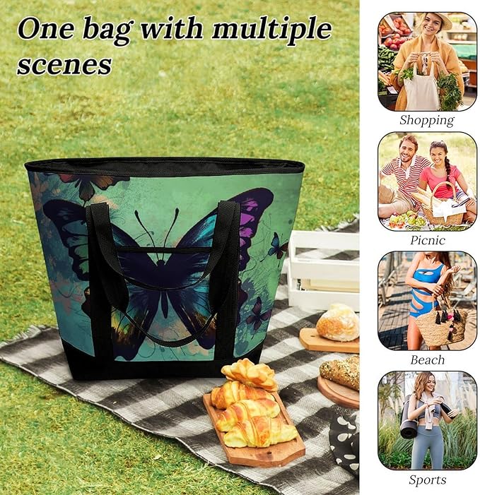 Insulated Shopping BagLarge Reusable Cooler Bags Artistic Butterfly Printed Foldable Shopping BagTravel Waterproof Shoulder Bag