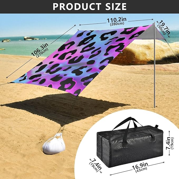 Beach Tent Sun Shelter Purple Laser Leopard Print Lightweight &amp Easy Setup Beach Shade Canopy for Camping Fishing
