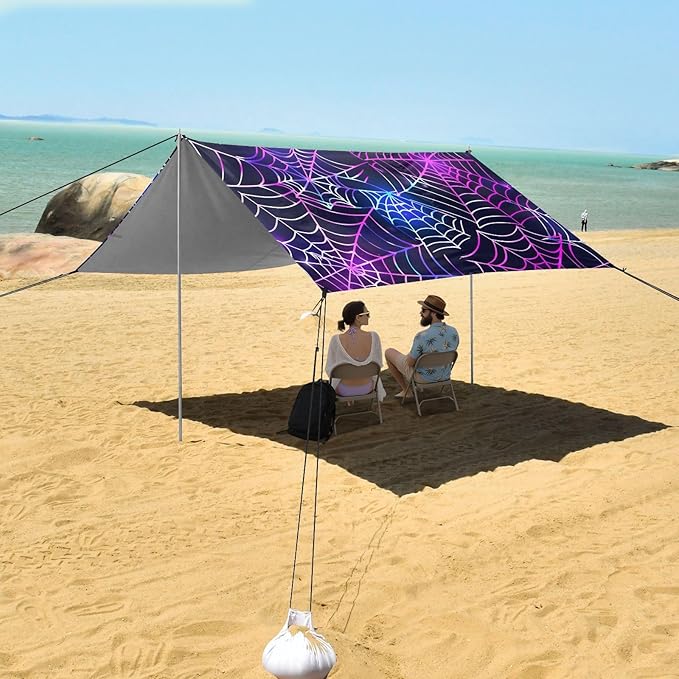 ALAZA Halloween Spider Colorful Beach Tent Sun Shelter UPF50+ Protection Beach Shade Canopy w/ 4 Sandbags for Outdoor Camping Fishing Backyard Fun Picnic 10x9 ft