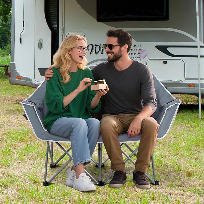 Tangkula 2 Person Camping Chair Portable Oversized Outdoor Folding Camp Chair Loveseat with Padded Seat Cup Holder Carry Bag Heavy Duty Lawn Chair for Beach Fishing Travel (Gray 2-Person)