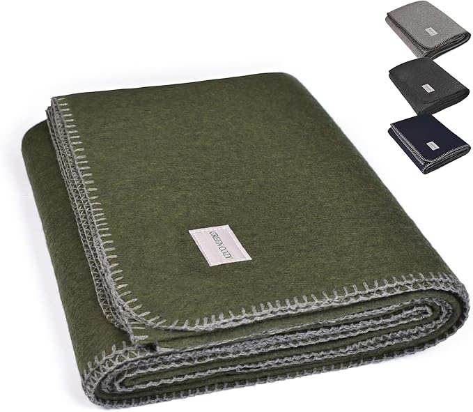 Military Style Wool Blanket – Cushioned Breathable Durable Warm &amp Washable – Double-Stitched Border– Great for Camping Outdoor First Aid Travel Car Fire Retardant – 64x90 4.7lb (Olive Gr