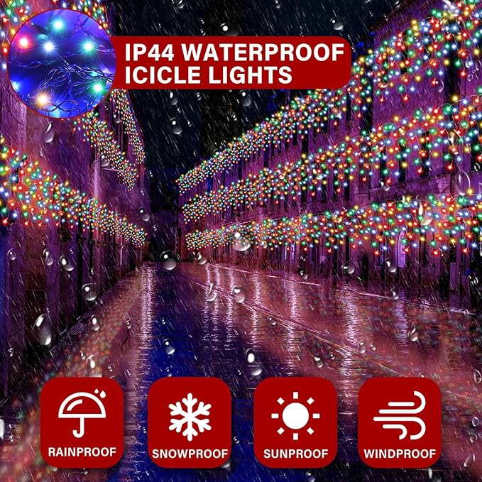 Retisee 65ft Colorful Mardi Gras Light Solar Icicle Light for Outdoor Decor Waterproof 600 LED Powered Karneval Curtain String Icicle Lights for Carnival Outside Yard Porch Garden Hang Tree Decor
