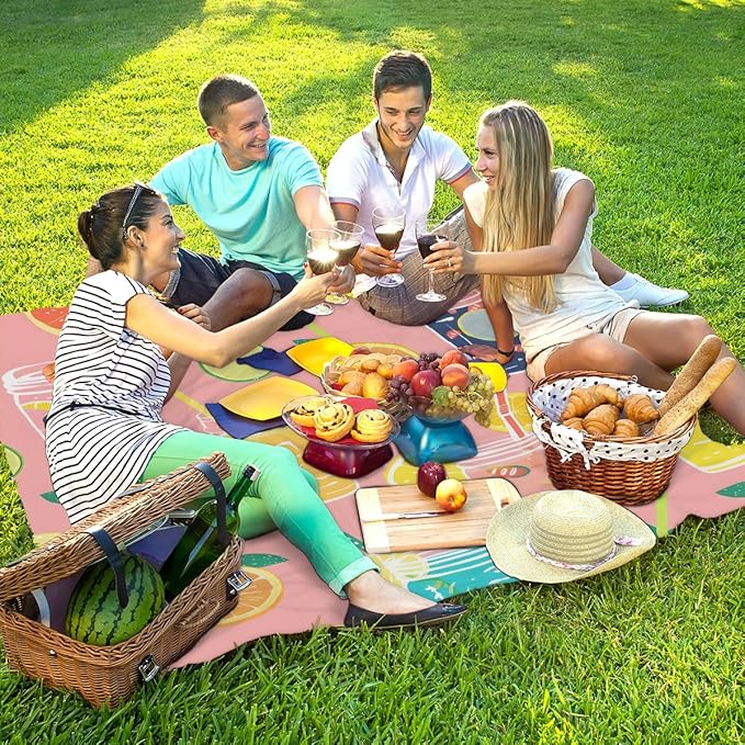 Waterproof Sandproof Beach Blanket 59''×68'' Food Juice Polyester Outdoor Picnic Blanket with 4 Stakes &amp Storage Bag for BeachCampingVacation Light Pink