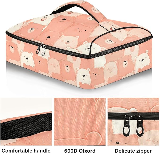 Casserole Carrier Pattern Cute Cartoon BearInsulated Casserole Carrier for Hot or Cold Food Thermal Lunch Tote for Potluck Parties Picnic Beach Fits 9 x 13 Inches Baking Dish