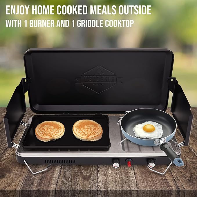 Hike Crew 2-in-1 Gas Camping Stove and Griddle Portable Propane Burner w/Integrated Igniter &amp Stainless Drip Tray | Built-in Carrying Handle Foldable Legs &amp Wind Panels | Includes Regulator