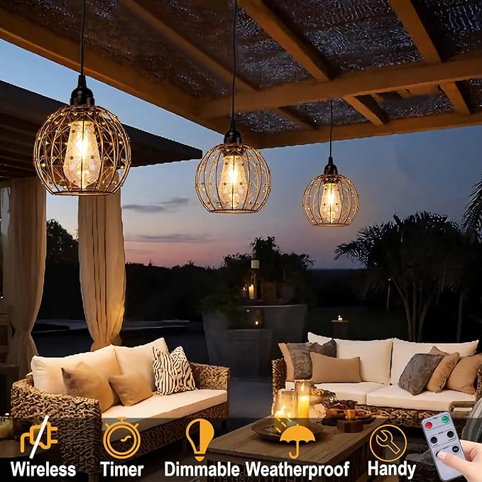 Hanging Pendant Lights Battery Operated Outdoor Chandelier with Warm White LED Bulb for Patio Tree Pergola Gazebo Porch (Beaded Ball-ST58-3PK)