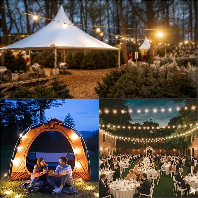 50FT Solar String Lights Outdoor with Remote IP65 Waterproof Shatterproof ST38 LED Bulbs 2700K Dimmable Outside Hanging Lights for Patio Garden Camping Deck Backyard Decor