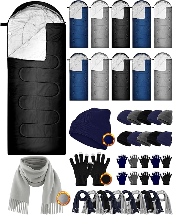 Tranqun 40 Pcs Sleeping Bags for Adult Bulk with Winter Beanie Hat Touch Screen Gloves Scarves Waterproof Cotton Liner Cold Weather Sleeping Bag for Homeless Camping Indoor Outdoor