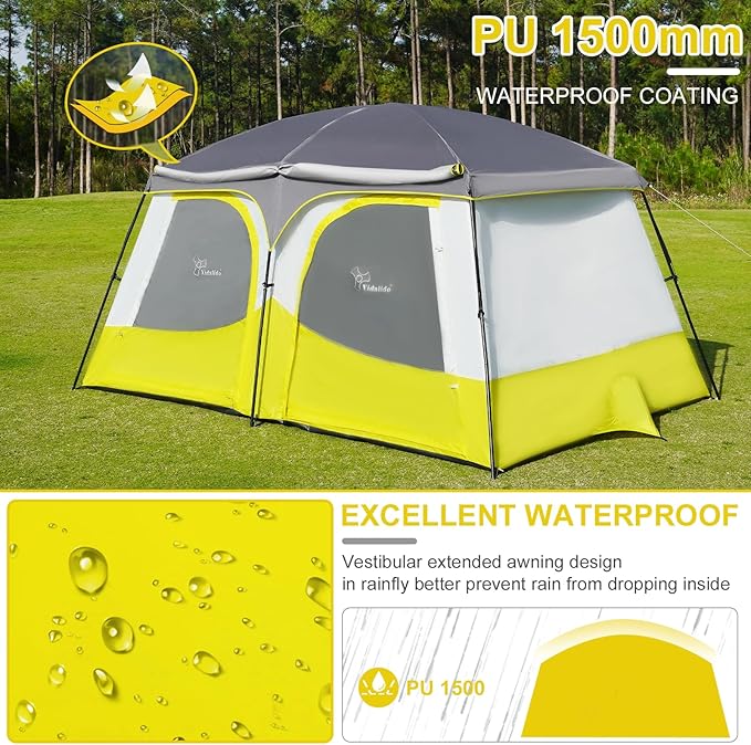 Vidalido Tents6-8 Person Camping Tent with Extended Vestibule2 Room Weather Resistant Family TentsEasy Install Waterproof Outdoor Tent for Backpacking and Camping Hiking