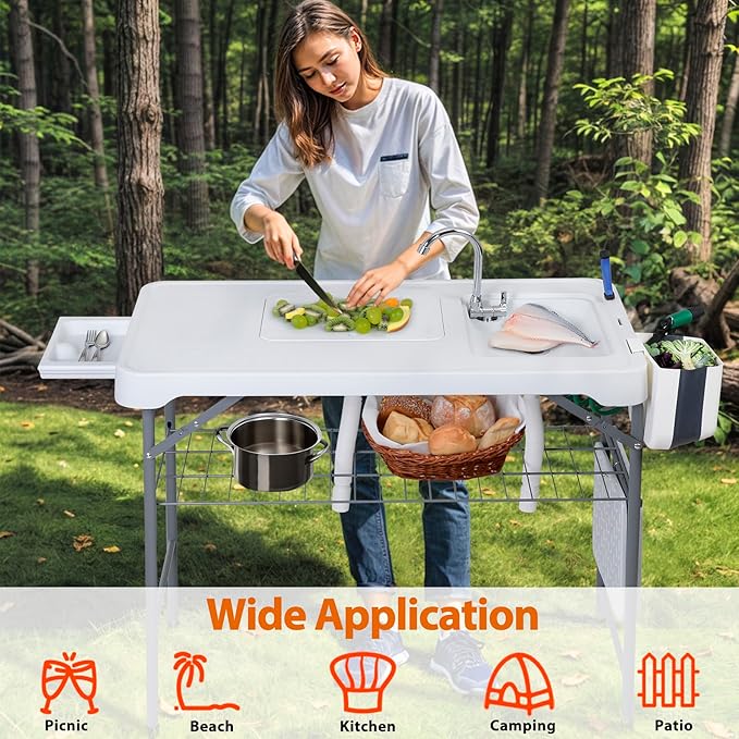 HomGarden 42.4Folding Fish Cleaning Table with Sink Portable Camping with Grid Rack Fish Cleaning Outdoor Fish Fillet Cutting Table with Drainage Hose for Patio Backyard BBQ
