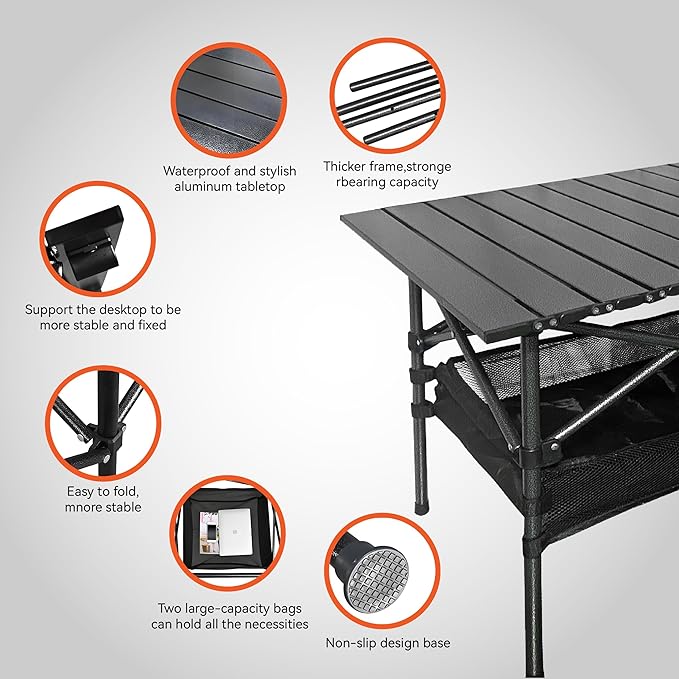 Folding Camping Table Portable Aluminum Picnic Table with Carry Bag Adjustable Height Outdoor BBQ Tailgate Table Lightweight Roll-Up Beach Table