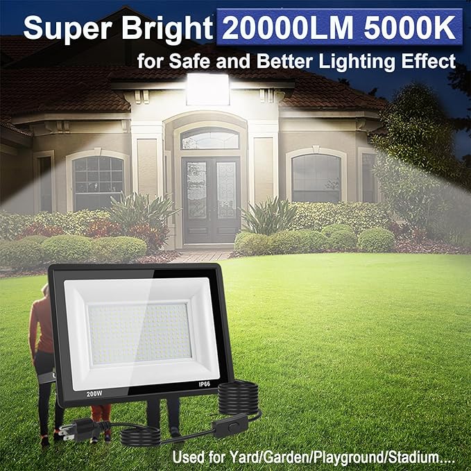 2-Pack 200W LED Flood Light Outdoor 20000LM Bright Plug-in Flood Lights with Switch IP66 Waterproof Exterior Security Lights LED Work Light for Garage Yard Garden Playground Stadium Arena