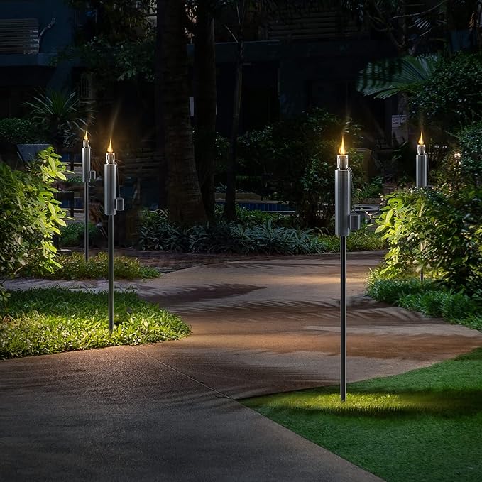 Matney Stainless Steel Outdoor Torches - Decorative Garden &amp Yard Lights - 5 ft Oil Lamp for Citronella - Fiberglass Wick &amp Snuffer Cap - Set of 2 (Barrel)