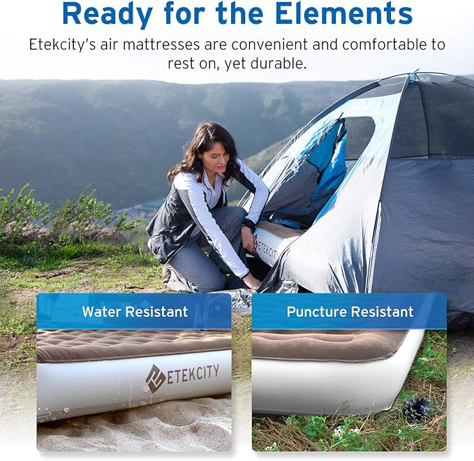 Etekcity Camping Air Mattress Inflatable Mattress Air Bed Queen Twin with Rechargeable Pump Leak-Proof Blow Up Mattress Raised Airbed  Height 9 Storage Bag  Brown