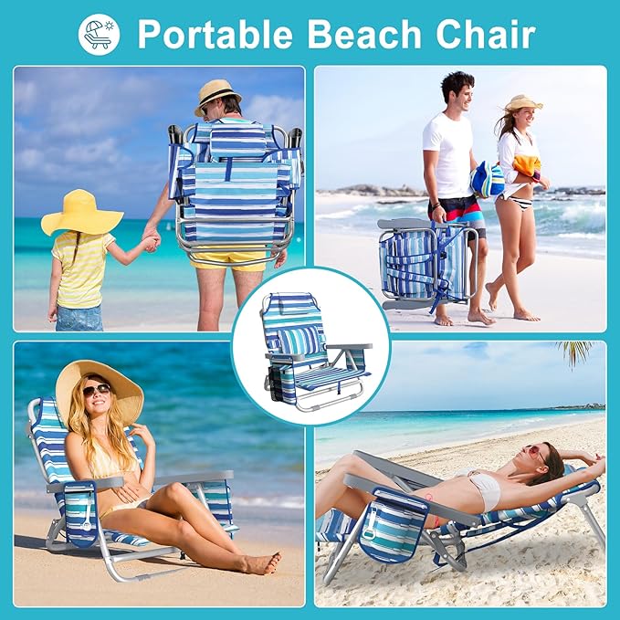 Suteck Beach Chair Adjustable 5-Position Backpack Beach Chairs for Adults Kids Foldable Lay Flat Chair with Cooler Bag Cup Holder and Lumbar Pillow Reclining Lay Down Chairs for Lawn Outdoor