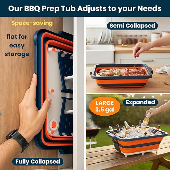 Collapsible BBQ Prep Tub with Lid and Cutting Board – XL Meat Marinating Container – Barbecue Accessory for Brisket Grilling Smoking Tailgate &amp Camping – Brine &amp Meal Prep System for Outdoo