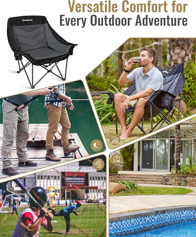 KingCamp Oversized XL Camping Chair Heavy Duty 500lbs Folding Couch for Adults Padded Large Comfortable Sofa Seat with Cooler Bag Cup Holder for Outdoor Sports Fishing Patio Lawn