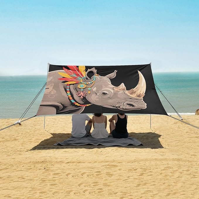 Retro Exquisite Rhinoceros Beach Tent Camping Sun Shelters Portable Outdoor Canopy Sun Shade for Camping Trips Fishing Backyard Fun or Picnics Easy Setup with Carrying Bag