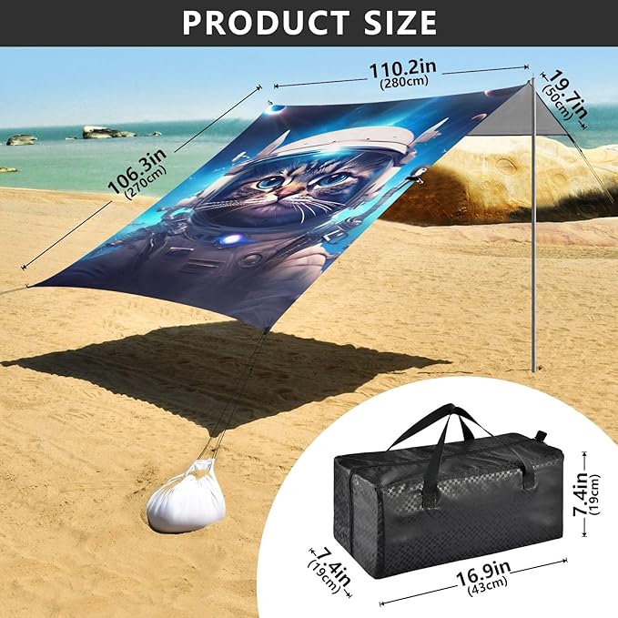 Camping Sun Shelters Beautiful Cat in Outer Space Beach Canopy 126 * 110.2in
