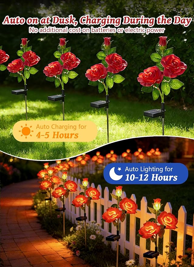 Brightown Outdoor Solar Flower Lights 4 Pack Solar Garden Light with Larger &amp More Realistic Red Rose Bigger Solar Panel Waterproof Solar Lights Outdoor for Yard Garden Lawn Pathway Decoration