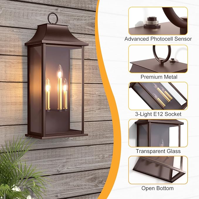Dusk to Dawn Outdoor Wall Light 3-Light 25.3 Large Outdoor Light Fixture Oil Rubbed Bronze Exterior Wall Lantern Waterproof Outside Wall Sconce for House Porch Patio