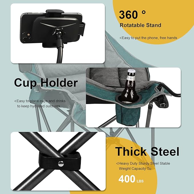 Northroad Oversized XL Padded Camping Chair w/Cell Phone Holder Large Camp Lounge Chair Foldable Lawn Chair w/Cup HolderCarry Bag for Outdoor Hiking Beach Picnics Heavy-Duty 400-lbs Capacity