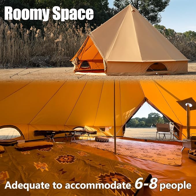 Cotton Canvas Bell Tent with Stove Jack Roomy Yurt for Family Glamping Camping 4 Season Tent with Zipped Removable Floor