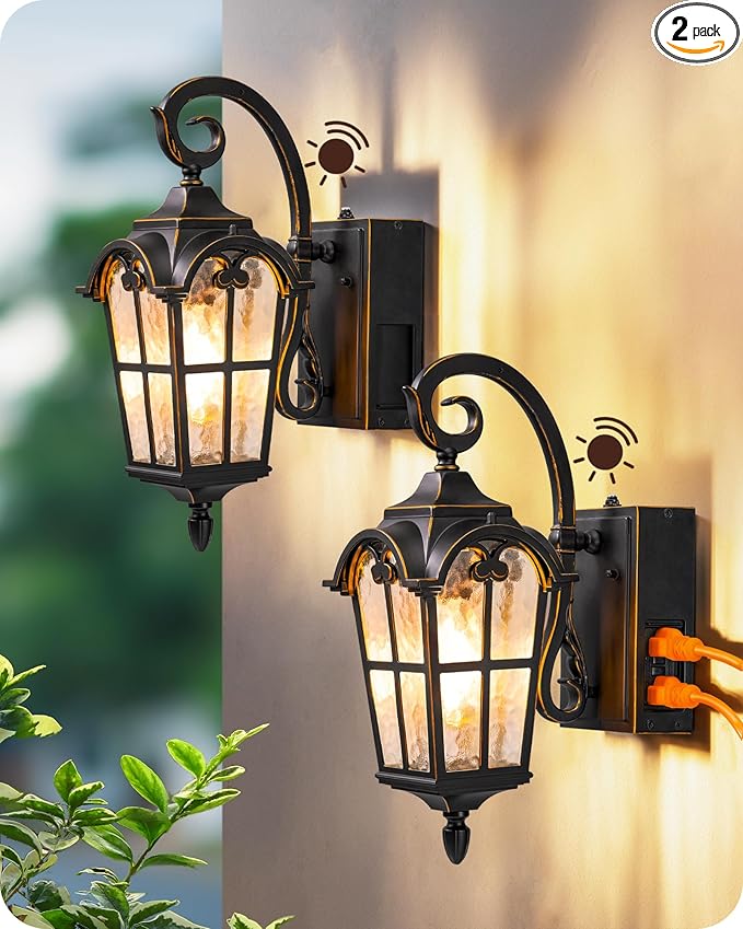 EDISHINE 2 Pack Dusk to Dawn Outdoor Wall Lights Porch Lights with GFCI Outlet Retro Black Outdoor Wall Lantern Waterproof Outside Exterior Light Fixture for Front Door Patio Garage E26 Socket