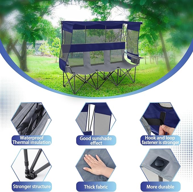3 Person Camping Chair with Canopy Shade Oversized Folding Beach Couch Style Camping Sofa Portable Outdoor Lawn Seat Tailgate Chair with Umbrella for Beach Sport Sideline Backyard Festival