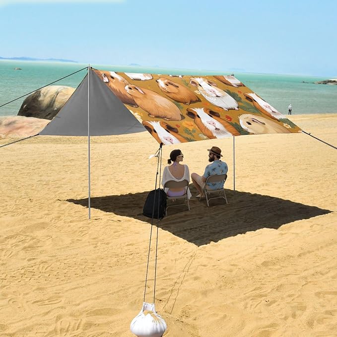 Cute Guinea Pig Beach Tent Sun Shelter 9.2' x 10.5' Beach Canopy with 4 Sandbags 4 Stability Poles Sand Shovels - Tent Canopy for Beach Camping Fishing Picnics