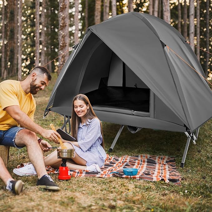 Tangkula 2 Person Tent Cot Portable Off Ground Elevated Camping Tent with Cot Removable Rainfly Wheeled Bag Stakes &amp Wind Ropes for Beach Picnic Hiking Travel