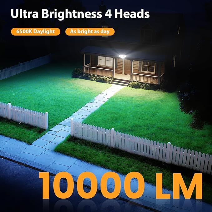 90W 10000LM Flood Lights Outdoor LED Security Lights with 4 Heads Switch Controlled 6500K Daylight IP65 Waterproof Exterior Floodlight for Outside Garage Yard Porch Eave