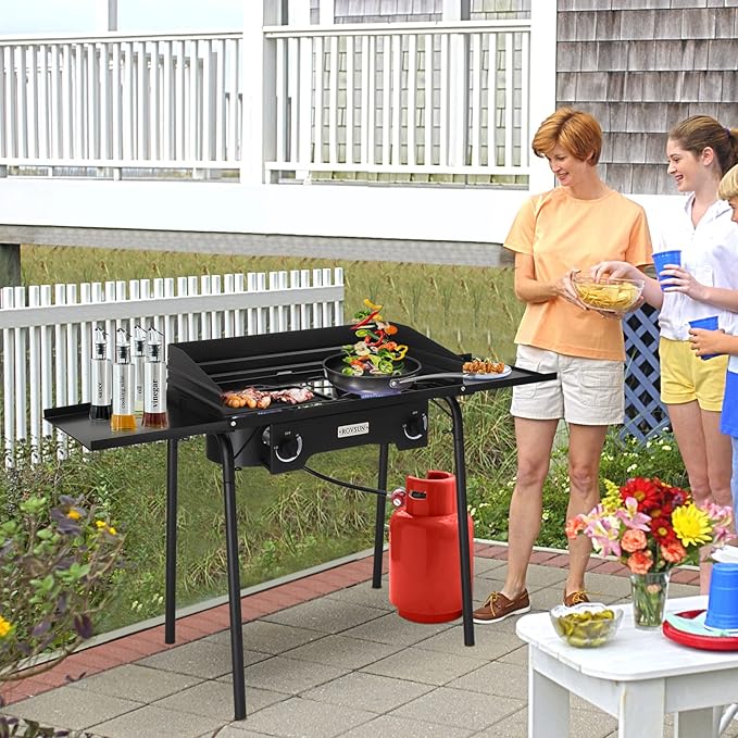 ROVSUN 2 Burner Gas Stove with Side Shelves 150000 BTU Portable Propane Stove with Removable Legs Wind Panels &amp Regulator for Camping Home Backyard Cooking Brewing Canning Turkey Frying