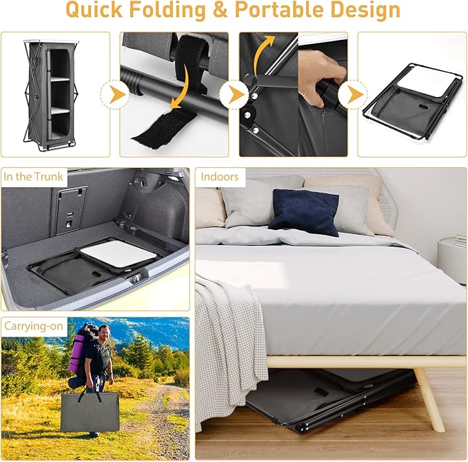 Goplus Folding Camping Storage Cabinet Pop Up Outdoor Camping Kitchen Station with Large 3-Tier Storage Organizer Carry Bag Easy Set Up Portable Compact Camping Table for BBQ Picnic Backyard (55'')