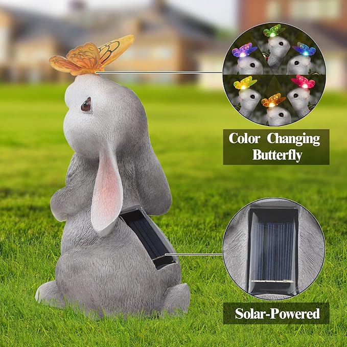 Garden Statue Outdoor Decor-Rabbit with Solar Butterfly Changing Lights Garden StatuesBunny Statue for PatioBalconyYardLawn OrnamentGardening Gifts for Mom Grandma