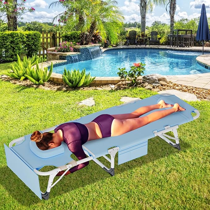 LILYPELLE Portable Folding Camping Cot Adjustable 5-Position Face Down Folding Chaise Lounge Chairs Outdoor Portable Bed Sleeping Cot for Camping Pool Beach Patio