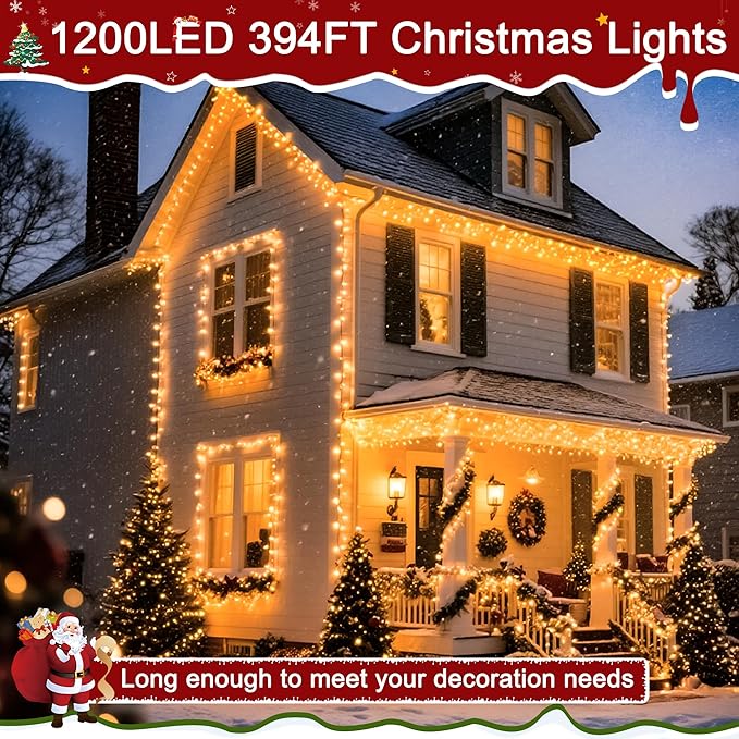 394FT 1200 LED Christmas Lights Outdoor Warm White Christmas Tree Lights Plug in 8 Modes Twinkle String Light for Bedroom Wedding Party Ceiling Xmas Home Decorations
