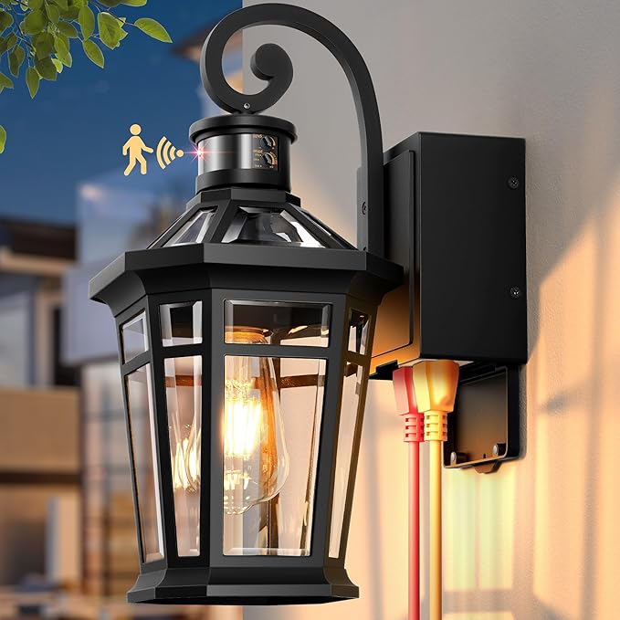 OPAIXS Motion Sensor Outdoor Wall Lights with Outlet Black Front Porch Light with GFCI Outlet Modern Coach Lights for Garage Waterproof Exterior Wall Sconce Lantern E26 Outside Wall Light Fixture