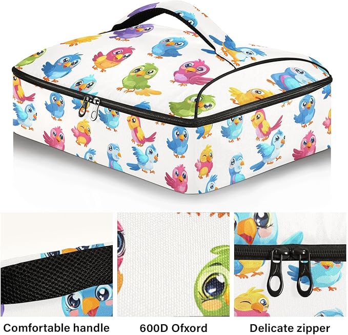 Casserole Carrier Cute Cartoon Bird PatternInsulated Casserole Carrier for Hot or Cold Food Thermal Lunch Tote for Potluck Parties Picnic Beach Fits 9 x 13 Inches Baking Dish