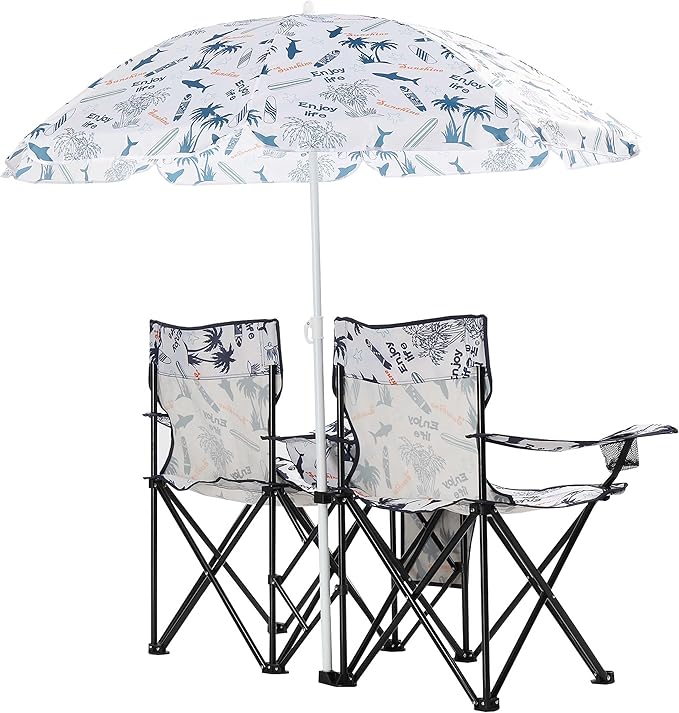 Portable Loveseat Folding Camping Chair w/Detachable Umbrella Heavy-Duty Steel &amp Oxford Material Fishing Chair for Beach Outdoor Activities Compact Design with Carrying Bag Load 180 LBS Per S