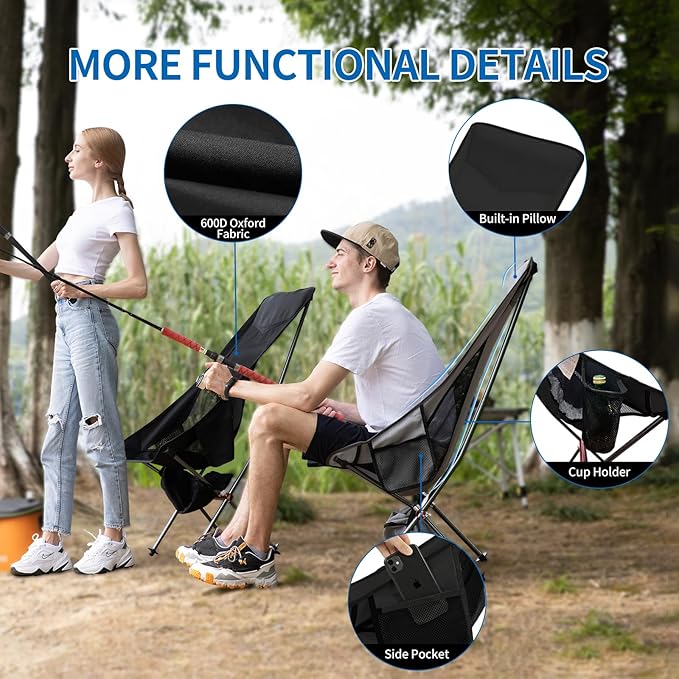 SHALLWE Camping Chairs All Aluminum Frame Portable Folding Camp Chair for Adults Heavy Duty High Back Collapsible with Built-in Pillow Side Pocket Carry Bag for Backpacking Hiking Beach