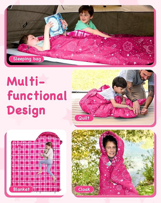 KingCamp 45°F Kids Sleeping Bag Lightweight Waterproof &amp Compact Flannel Sleeping Bags Cold Weather &amp Warm Youth Essentials Gear Accessories for Camping Fits 10-12 Children up to 4'7-5'5 T